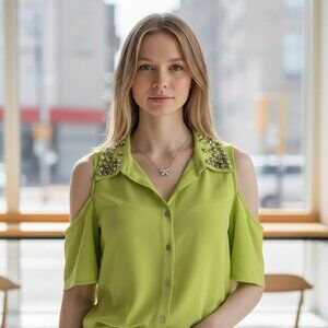 Bongo cold shoulder studded green blouse, size large, button front, semi sheer